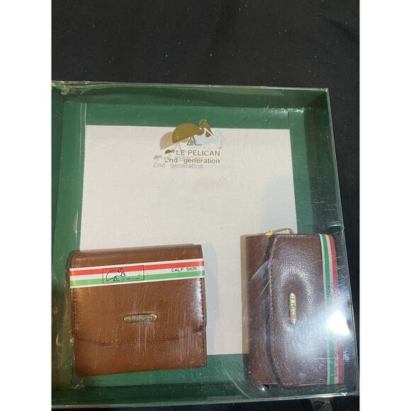 Le Pelican Calf Skin Genuine leather Brown coin wallet card 2 units vintage NEW - Picture 2 of 8